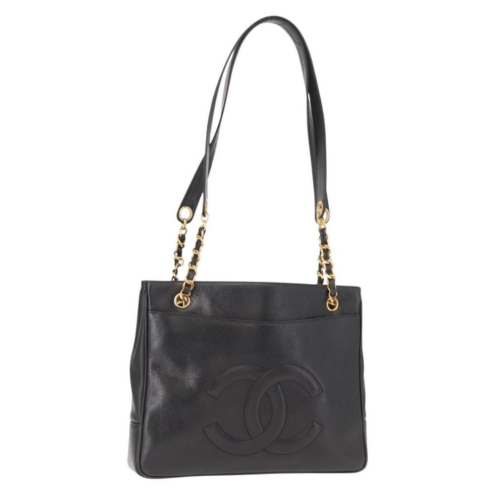 CHANEL Tote Bag Caviar Skin Black Gold CC Auth BA7490
